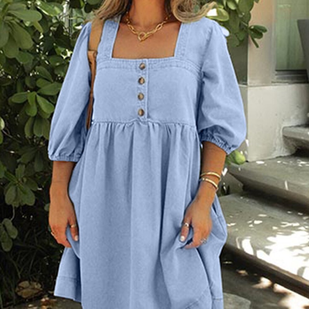 B267 Beau Blue Denim Button Detail Babydoll Square Neck Mini Dress